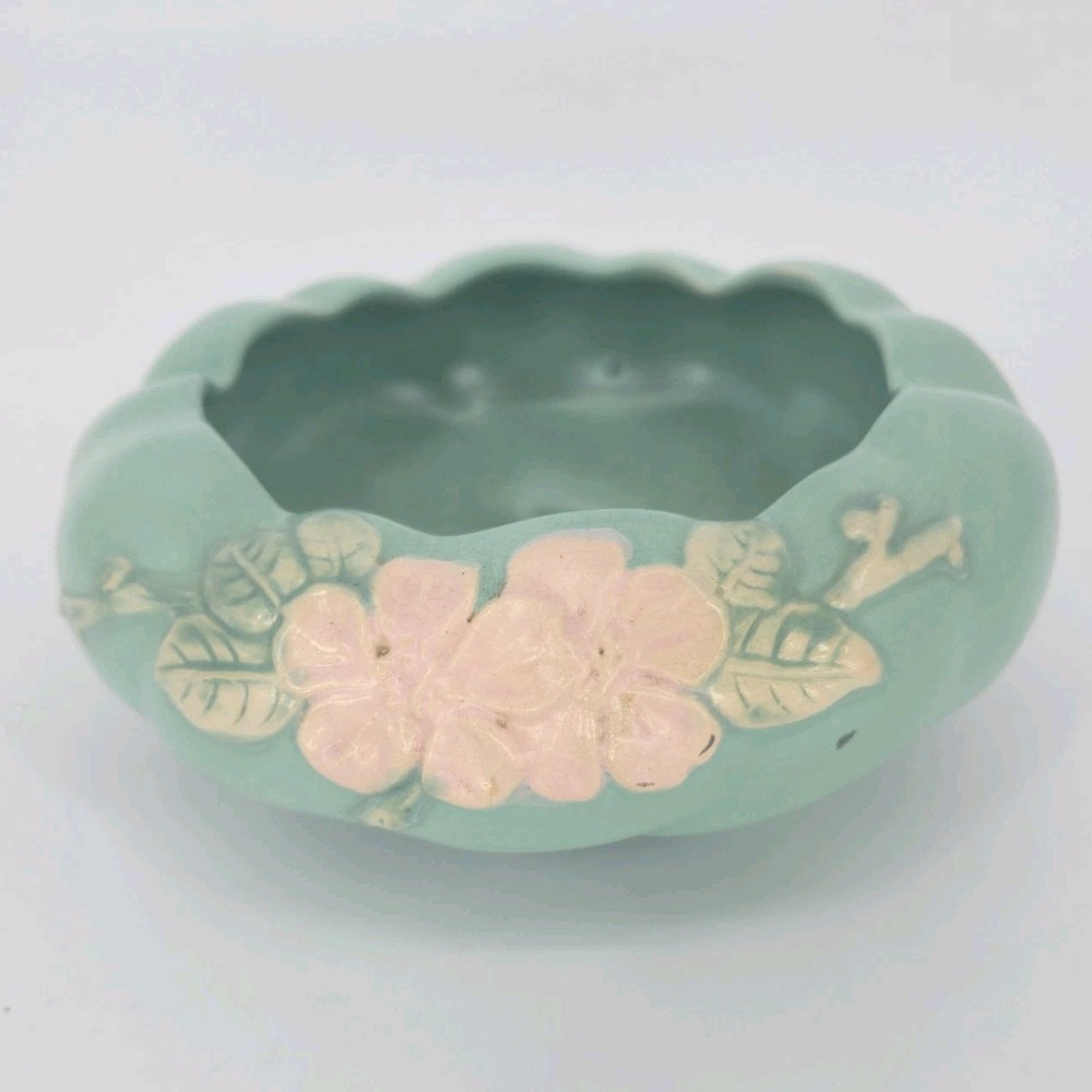 Weller Pottery Cameo Rose Turquoise Pink Floral 3 Footed Planter Bowl Vintage